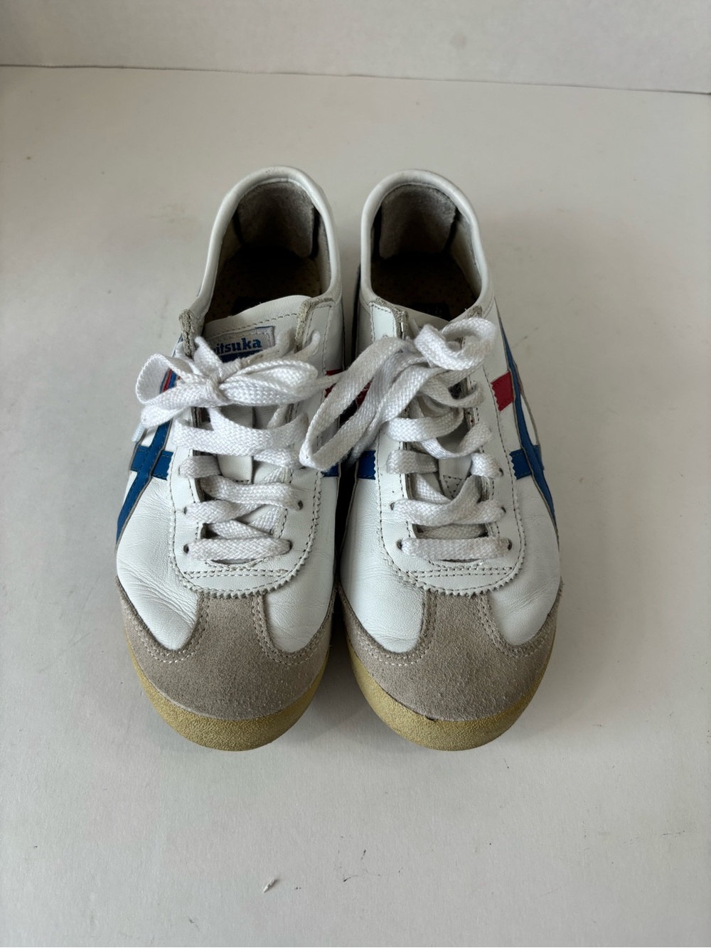 Onitsuka Tiger Mexico 66 White Leather Signature Blue And Red Stripes Sz 4.5
